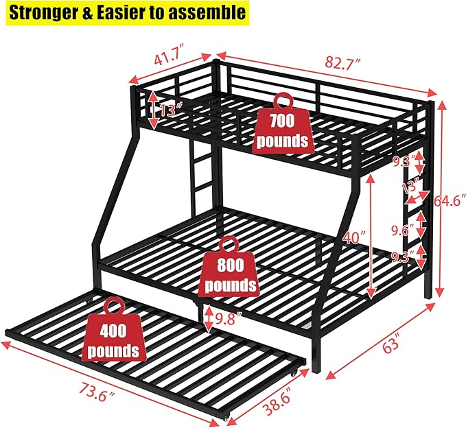 TSAMPA Latest Upgraded & Stronger Metal Bunk Bed Twin XL Over Queen Size, More Stable & Safer Steel Heavy Duty Bunkbed Frame with Twin Size Trundle (Twin XL Over Queen)