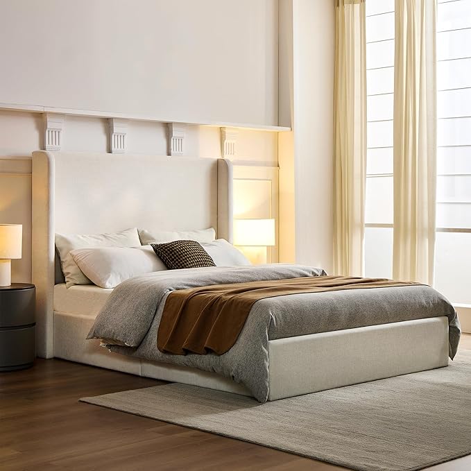 Queen Size Upholstered Bed Frame, Harper 54" Tall Headboard Platform Beds, Wingback Headboard Bedframes/No Box Spring Needed/Easy Assembly/Elegant Simplicit, Textured Ivory Canvas Chenille