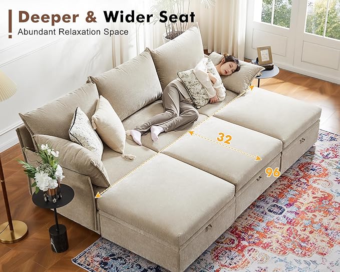 ABCASA 134.6" Oversized Modular Sectional Sofa, 6 Seater U Shaped Couch with Storage Ottoman with Reversible Chaise Deep Seat for Living Room, Apartment - Chenille Beige