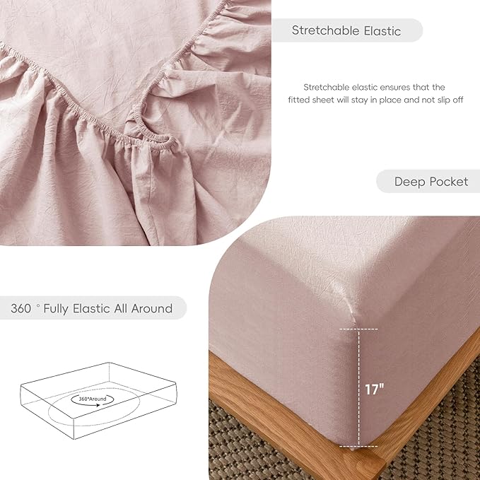 MooMee Fitted Bottom Sheet Only 100% Washed Cotton Linen Like Textured Breathable Durable Soft Comfy Deep Pocket Fits Mattress up to 17" (Greyish Pink, King)
