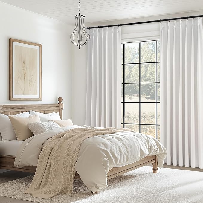 Topfinel Pinch Pleat Full Blackout Curtains & Drapes 84 Inch Length 2 Panels Set, Flax Linen Room Darkening Soundproof Curtains with Hooks Rings for Bedroom Living Room Track System, Beige Ivory Birch