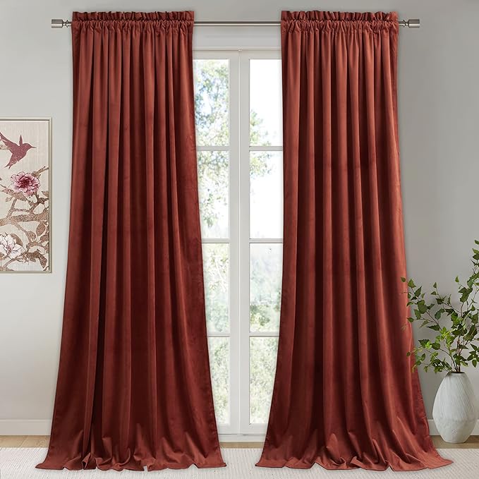 StangH Rust Curtains Velvet - Elegant Rod Pocket Sunlight Blocking Thermal Insulated Home Decoration for Living Room/Guest Room/Baby Nersury, Rust, W52 x L96, 2 Panels