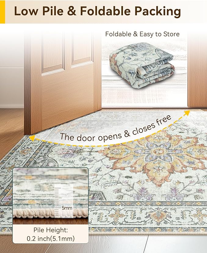 Area Rugs 2'x10' Washable Non-Slip, Floral Vintage Distress Print Pattern Medallion Carpet for Living Room Bedroom Dining Room, Light Yellow Carbon Grey Orange