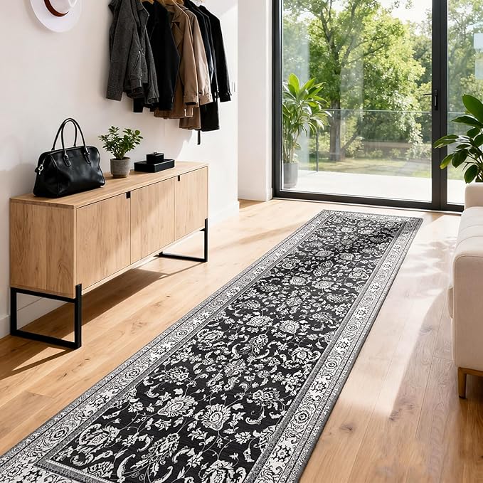 3x8 Runner Rugs for Hallways: Kitchen Runner Non Slip Washable Rug with Rubber Backing Stain Resistant Carpet Low Pile Floral Rugs for Bedroom Bathroom Laundry Living Room Black White 3x8