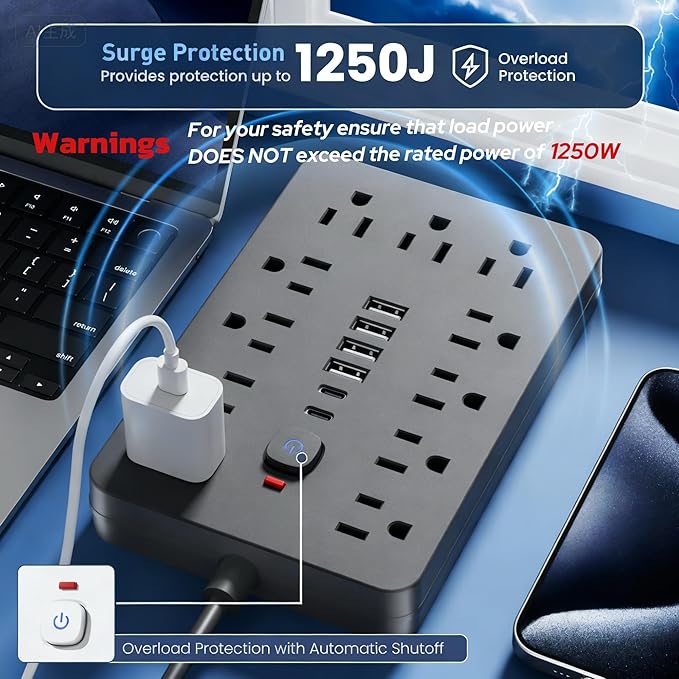 2PCS 6 FT Flat Plug Surge Protector Power Strip,11 Multiple AC Outlets with 6 USB Ports (2 USB C), 6 Feet Extension Cord, 1250W/10A, One Touch Switch Button, 17 in 1 Compact powerstrip