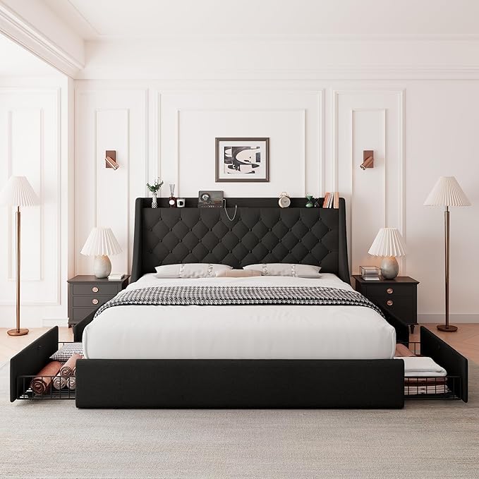Feonase Upholstered Full Size Bed Frame with 4 Storage Drawers, Large Wingback Storage Headboard, No Box Spring Needed, Black