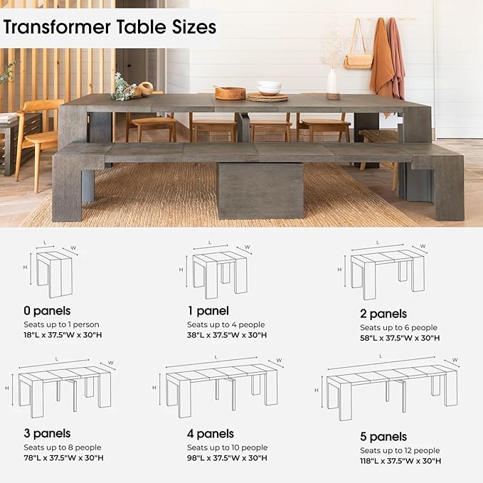 Transformer Table - Solid Wood Extendable Dining Table, Seats 2-12, Extendable Dining Room Table, Space-Saving Furniture, Expandable Dining Furniture (Dark Grey, Table + Bench)