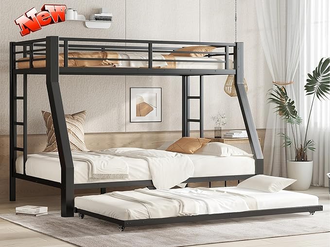SIGONE Stronger & Safer Heavy Duty Twin Over Full Bunk Bed with Twin Trundle for Adults Teens, Thickened More Stable Metal Bunkbed Frame (Greater Weight Capacity)