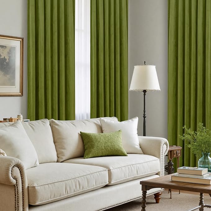 LAMIT Moss Green Velvet Blackout Curtains 72 Inch, Vintage Thermal Insulated Room Darkening Drapes for Living Room Back Tab and Rod Pocket Privacy Window Panels for Bedroom, 2 Panels, 52 x 72 Inch
