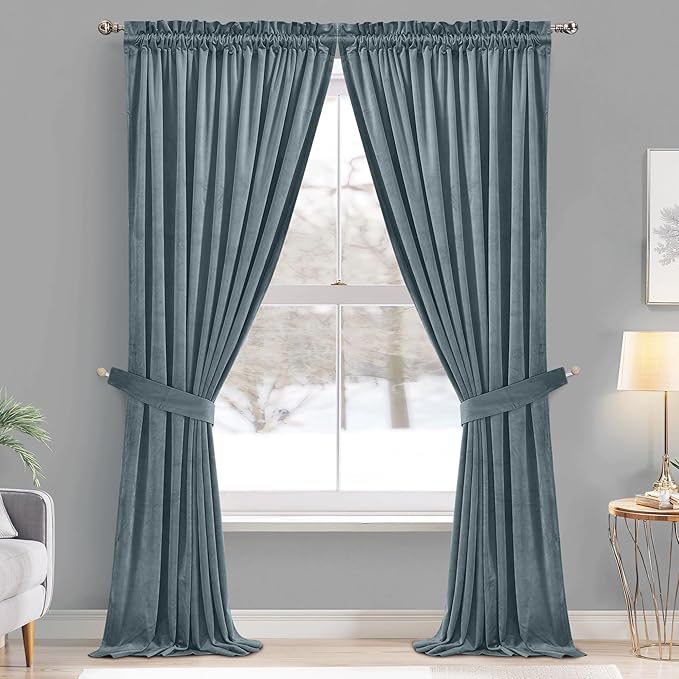StangH Stone Blue Velvet Drapes 105 inches Elegant Room Darkening Drapes for Bedroom/Living Room, Heavy Soft Thermal Curtains Home Decor, W52 x L105, 2 Panels