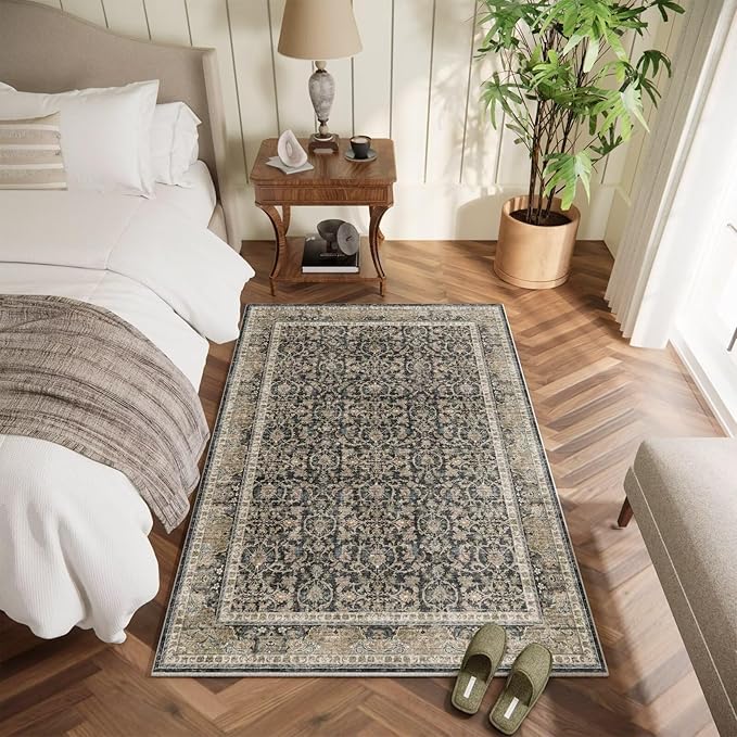 Washable 2x3 Entryway Rug, Boho Non-Slip Door Mat Vintage Distress Small Rugs for Kitchen Nursery Office Bedroom, 0.3" Neutral Oriental Throw Carpet with Cushioning Pad, Rust/Multi