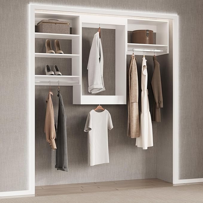 Tall Hanging Closet Unit, Modular Closet System, Wood Closet System Organizer with Storage for Walk in Closets, Clothing Rack Wardrobe Closet for Hanging Clothes, Bedroom, White, 31.5" W