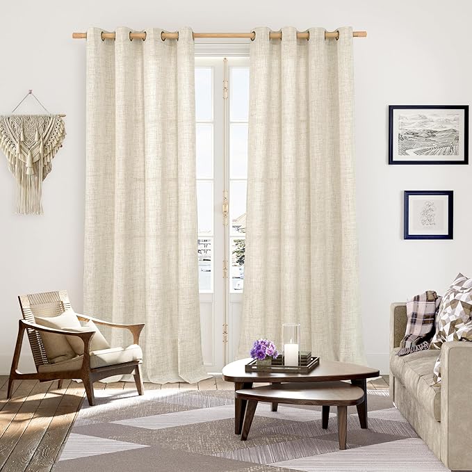 YoungsTex Extra Long Linen Curtains for Living Room 95 Inch Length 2 Panels, Boho Semi Sheer Window Treatments with Bronze Grommet Light Filtering Privacy for Sliding Door Bedroom, 52 x 95 Inch