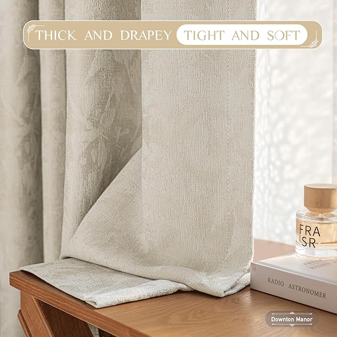 Beauoop Beige Floral Jacquard Blackout Curtains 84 Inches Long for Patio Sliding Door Extra Wide Chenille Flower Divider Room Darkening Thermal Soundproof Grommet Window Drapes, 100x84 Set of 1