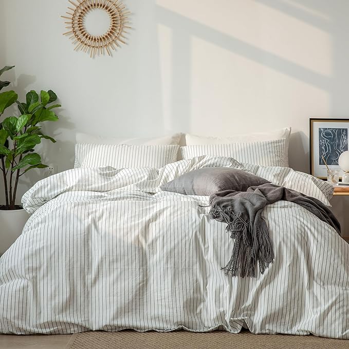 MooMee Striped Duvet Cover Set 100% Washed Cotton Linen Like Textured Breathable Durable Soft Comfy (White Dark Grey Wide Stripes, Alaska King 132"x120")