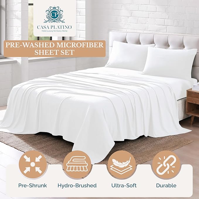 Casa Platino Bedding Sheets & Pillowcases, 100% Brushed Microfiber Pre-Washed California King Sheet Sets, Soft California King Sheet Set, 15 inch Deep Pocket White California King Sheets