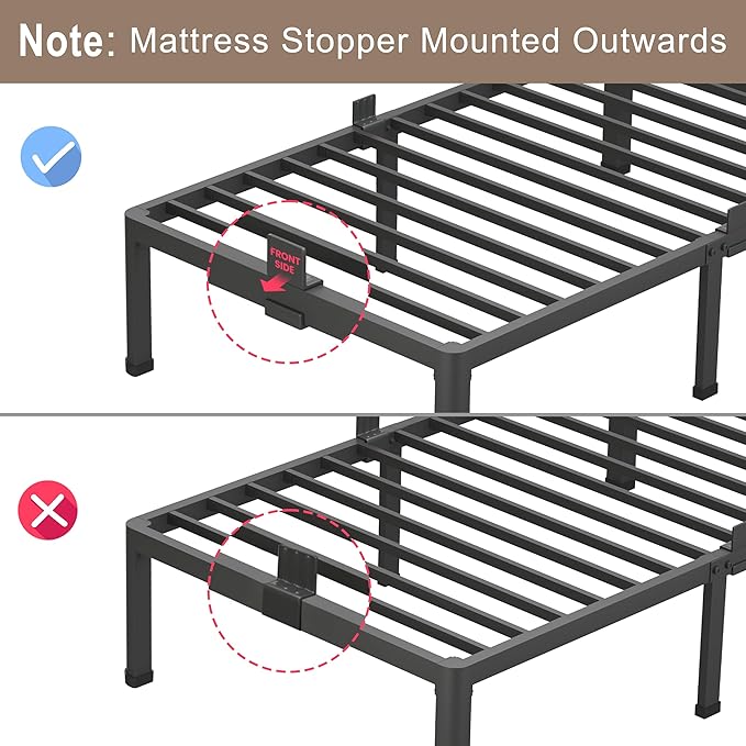 ROIL 16 Inch Queen Bed Frame with Rounded Corner and Headboard Hole Mattress Retainers 3500LBS Metal Heavy Duty Steel Slats No Box Spring Needed Platform Noise-Free Easy Assembly