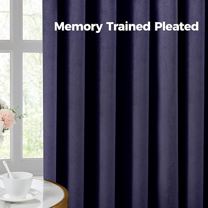 Pinch Pleated 100% Blackout Curtains for Bedroom, Navy Blue Velvet Curtains for Living Room, Black Out Curtain 102 inch Long Room Darkening, Blackout Pinch Pleat Drapes with Hooks 2 Panels