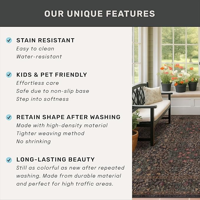 Taupe Brown 5x8 Rug for Living Room - Vintage Traditional Dark Neutral Floral, Washable Foldable Non-Slip Area Rugs for Dining Under Table, Home Office, Guest Room