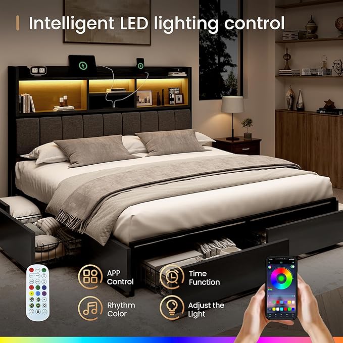 Queen Bed Frame with 6 Storage Drawers, Linen Upholstered Headboard, Built-in USB Charging Station & LED Lighting, Silent Metal Support, No Box Spring Needed, Vintage Black