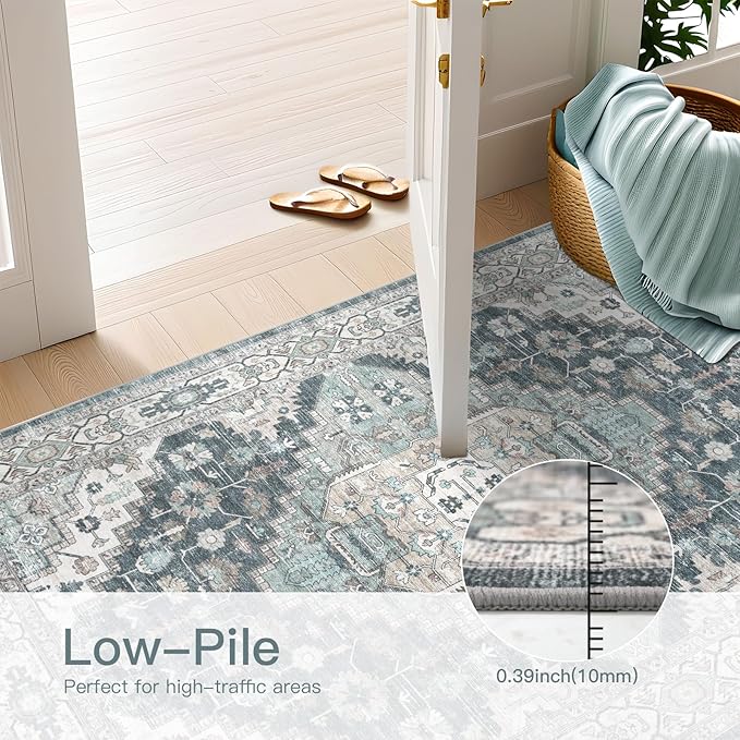 6x9 Vintage Washable Area Rug for Living Room,Low Pile Non Slip Carpet Non-Shedding Area Rug Soft Indoor Stain Resistant Rug Boho Print Mat for Bedroom Dining Room Blue Beige Multi