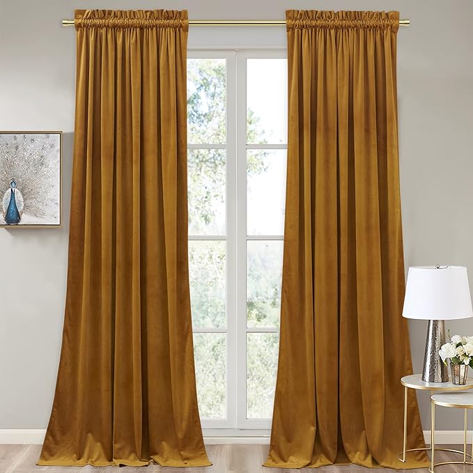 StangH Mustard Gold Velvet Fall Curtains - Stylish Thermal Insulated Drapes for Living Room, Soft Noise Reducing Curtains, Vibrant Home Decor, W52 x L102, 2 Panels
