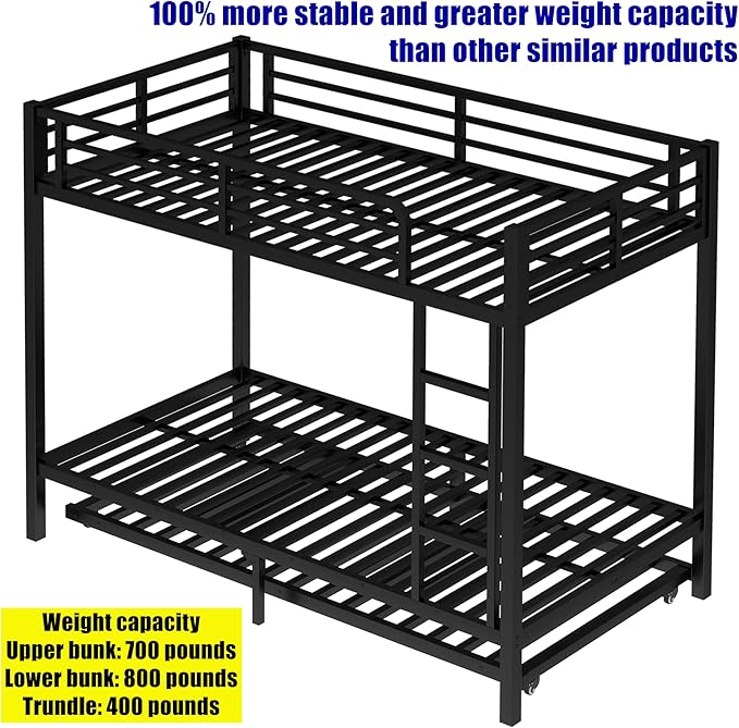 TSAMPA Latest Upgraded & Stronger Metal Bunk Bed Twin XL Over Twin XL Size, More Stable & Safer Steel Heavy Duty Bunkbed Frame with Twin Size Trundle