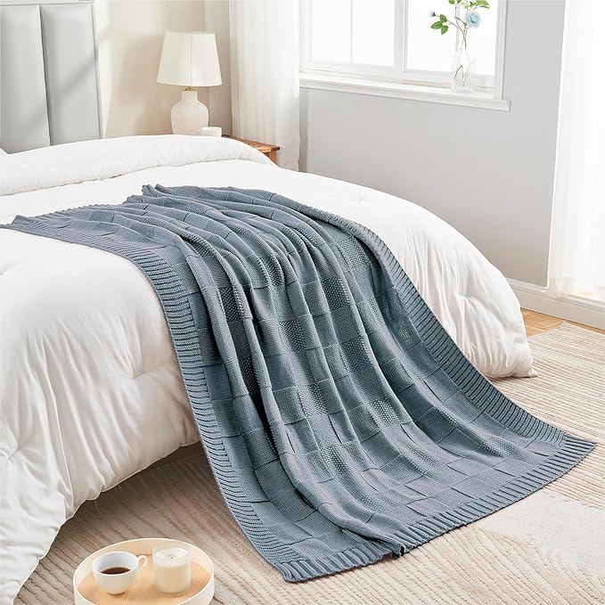 CozeCube Check Knit Throw Blanket, Dusty Blue Checkered Throw for Couch, Decorative Christmas Soft Cozy Warm Knitted Blanket for Bed Sofa Living Room, 60"X80"
