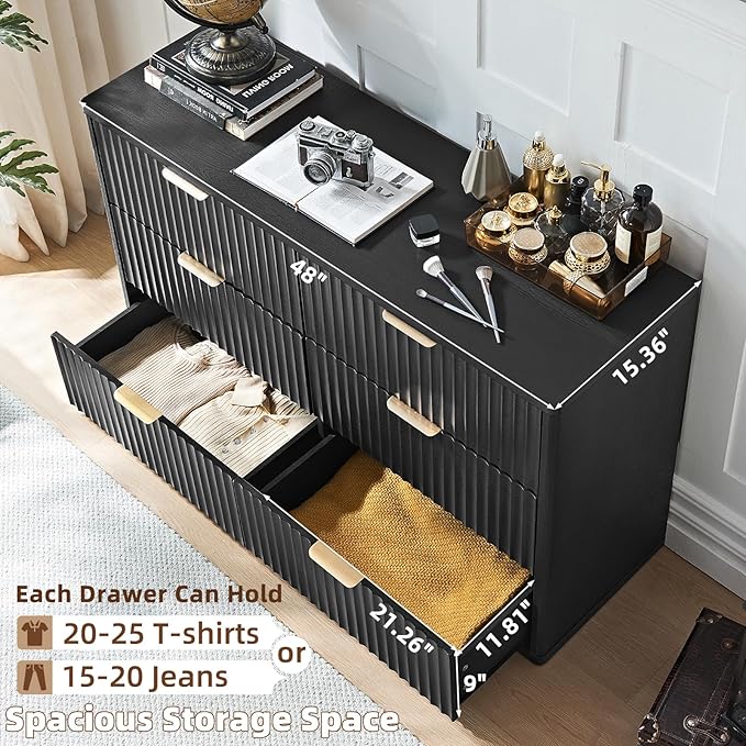 LEYAOYAO Fluted Dresser and 3 Drawers Nightstand Set of 2, Wood 48" Wide Dresser & 23" Night Stand with Charging Station, 3 Piece Bedroom Furniture Set, Chest of Drawers for Home,Living Room,Black