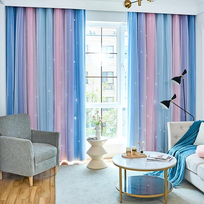 Star Blackout Curtains for Bedroom - Cute Kids Rainbow Curtains, 84 Inch Long 2 Panels, Blue, Purple & Pink, 42 x 84 Inches