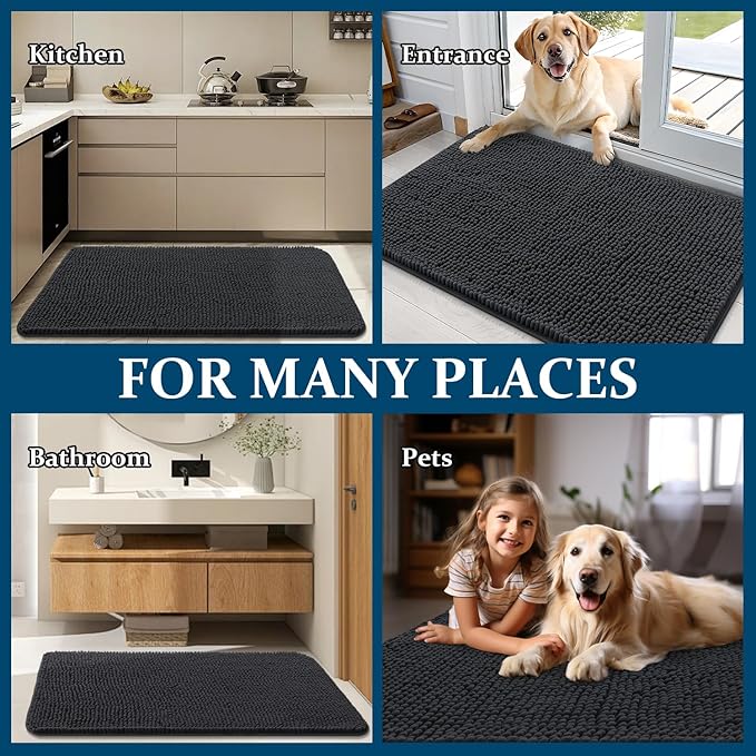 OLANLY Dog Door Mat for Muddy Paws 35x24, Absorbs Moisture and Dirt, Absorbent Non-Slip Washable Doormat, Quick Dry Chenille Mud Mat for Dogs, Entry Indoor Entryway Carpet for Inside Floor, Dark Grey