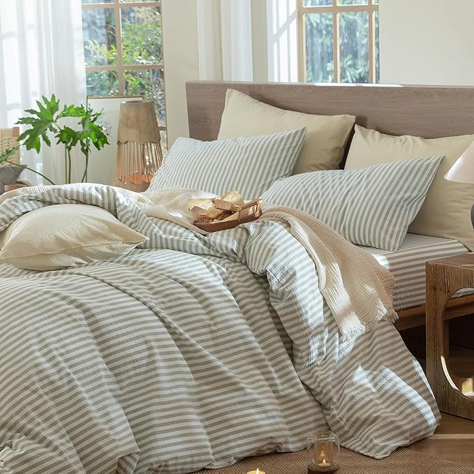 MooMee Striped Duvet Cover Set 100% Washed Cotton Linen Like Textured Breathable Durable Soft Comfy (Sage Green White Classic Stripes, Queen 90"x90")