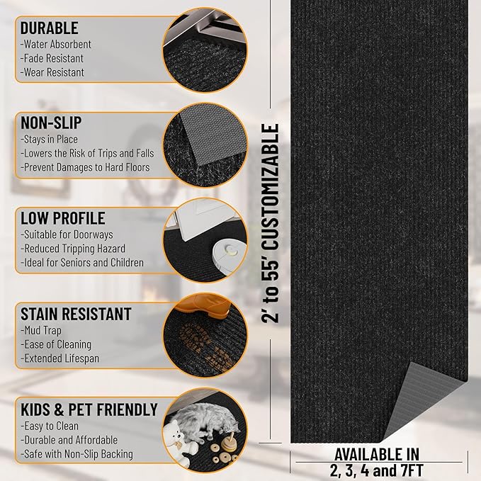 Ottomanson 2'7" x 8' Hallway Runner with Scraper Pile - Extra Durable Non-Slip Rug Mat for Indoor & Outdoor Use - Ideal for Kitchen, Entryway & Garage - High-Traffic Carpet, Black