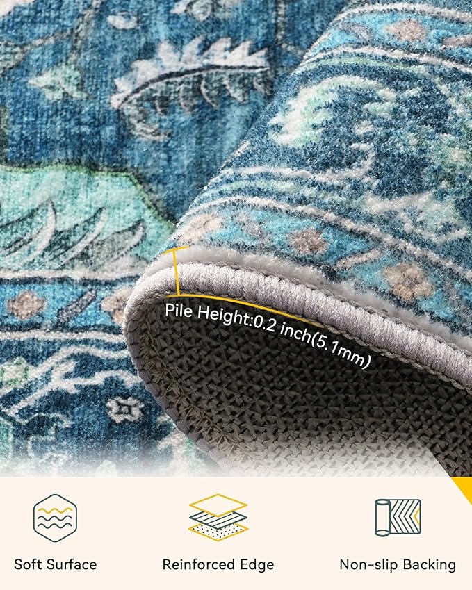 Area Rugs 2'x8' Washable Non-Slip, Floral Vintage Distress Print Pattern Medallion Carpet for Living Room Bedroom Dining Room, Teal Green Lake Blue Turquoise