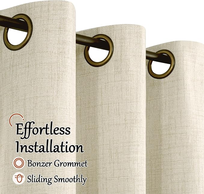 Blackout Curtains for Bedroom - Linen Black Out Curtains 84 Inch Long Thermal Insulated Burlap Grommet Window Drapes for Farmhouse Living Room Darkening, 2 Panels, Each 52" Wide, Natural Cream