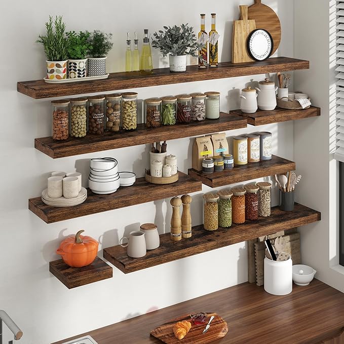 30 Inch Floating Shelves for Wall, 8 Inch Deep Floating Shelf for Storage & Display, Wall Mounted Shelf with Invisible Brackets for Living Room, Kitchen, Bathroom, Home Decor, Set of 2, Rustic Brown