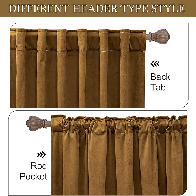 RYB HOME Velvet Curtains 120 inches, Soft Durable Drapes Room Darkening Privacy Window Treatment Farmhouse Decor for Living Room Sliding Glass Door, Golden Brown, W52 x L120 inches, Set of 2