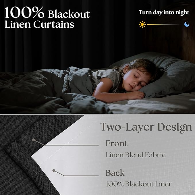 Black Pinch Pleated Blackout Linen Curtains 120 Inches Long for Living Room Bedroom 2 Panels Room Darkening Thermal Insulated Neutral Black Farmhouse 100% Blackout Window Curtain Drape 120 Inch