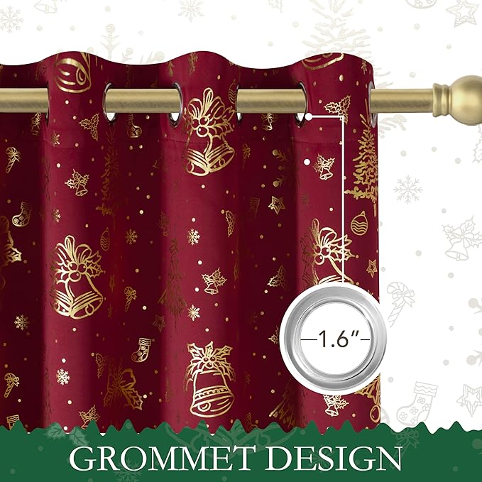 NICETOWN 2 Christmas Red Curtains 52 x 90 Inch, Gold Stamping Grommet Drapes, Holiday Style Window Treatment Panels for Living Room Bedroom Decoration, Festive Christmas Decor