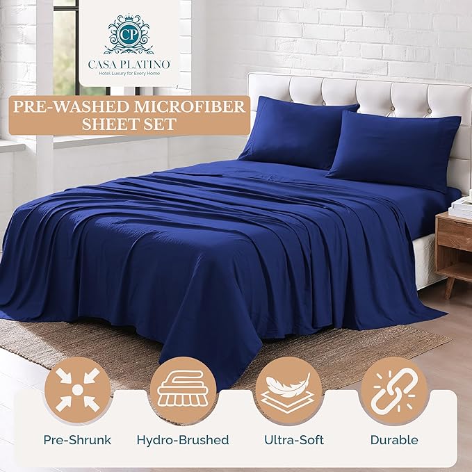 Casa Platino California King Size Bedding Set - Pre-Washed, Ultra Soft Bed Sheets Set - Brushed Microfiber Fade Resistant California King Size Bed Set with Deep Pockets - Navy