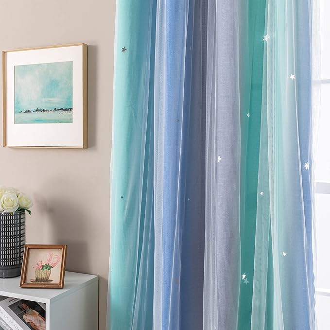 XiDi Curtains for Bedroom Decor, Rainbow BluGrenGrey-52-45