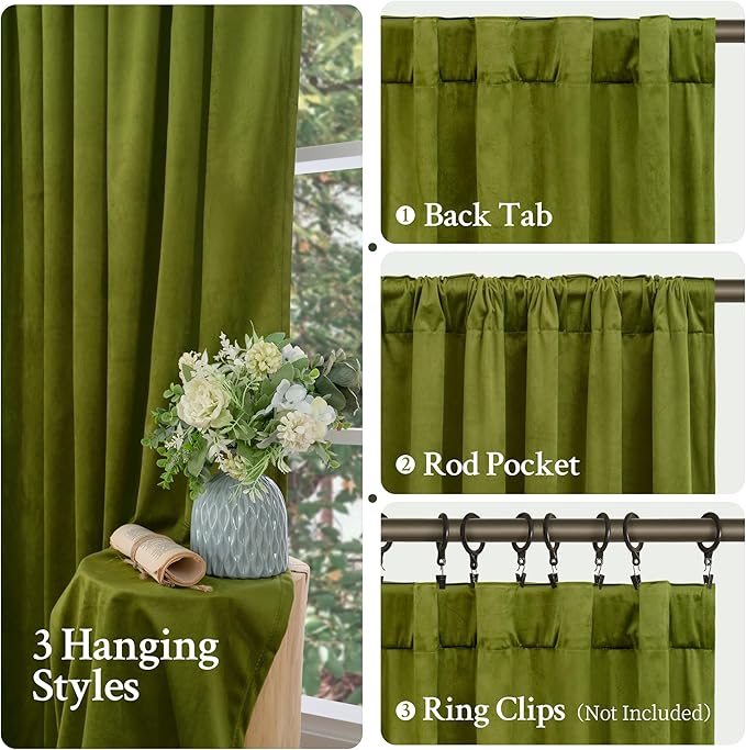 LAMIT Moss Green Velvet Curtains for Living Room, 120 Inches Thermal Insulated Room Darkening Panels Super Soft Back Tab and Rod Pocket Window Drapes for Bedroom, 2 Panels, 52 x 120 Inch