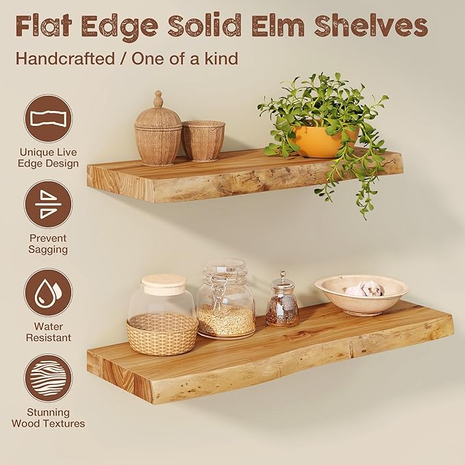 fuqing Live Edge Floating Shelves for Wall 55 inch, 8 Inch Deep Solid Elm Wood Floating Wall Shelves - Rustic Wooden Shelves with Invisible Brackets for Living Room Bedroom Kitchen, 1 Pack, Natural
