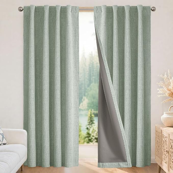 Joydeco Blackout Curtains for Bedroom - 100% Light Blocking 2 Panels Sage Green Drapes 42" W x 72" L, Thermal Insulated Room Darkening Curtains, Linen Textured for Living Room, Rod Pocket & Back Tabs