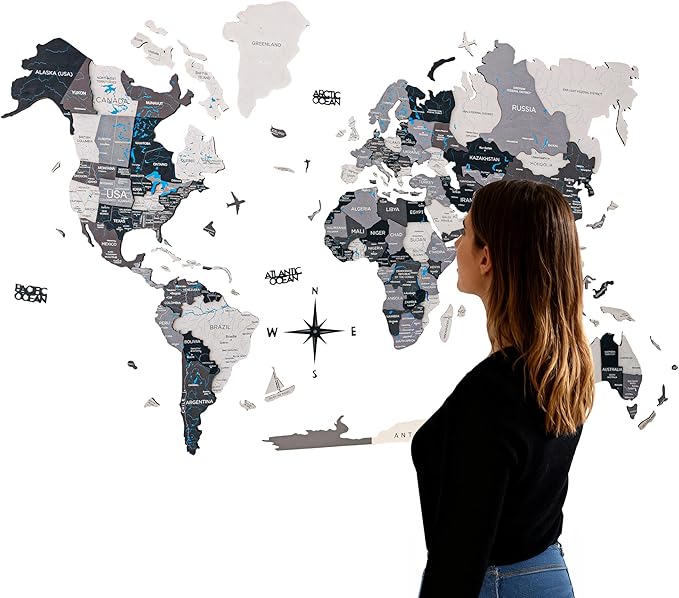 Handmade 3D Wood World Map Wall Art Large Wall Decor Track Your World Travels - Special for Home, Kitchen and Office (Large, Nordik)
