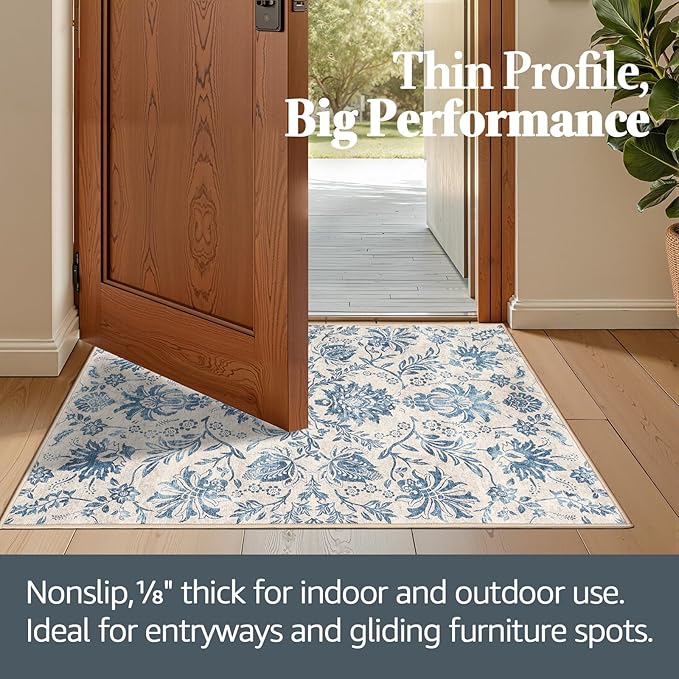 jinchan Torino Runner Rugs 2x6, Vintage-Inspired Floral Design Machine Washable Non-Slip Ultra-Thin Low-Pile Rubber Backing Runner Rug for Kitchen Hallway Laundry Room Entryway Dark Blue