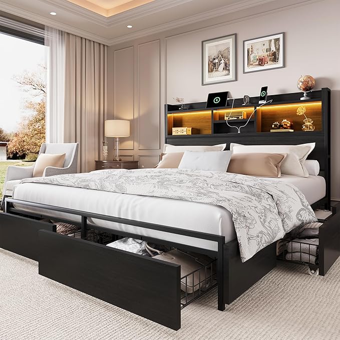 LARMACE King Size Bed Frame with 6 Storage Drawers and Headboard Wooden Platform Bed Frame with LED Lights and Charging Station Easy Assembly/No Box Spring Needed/Black