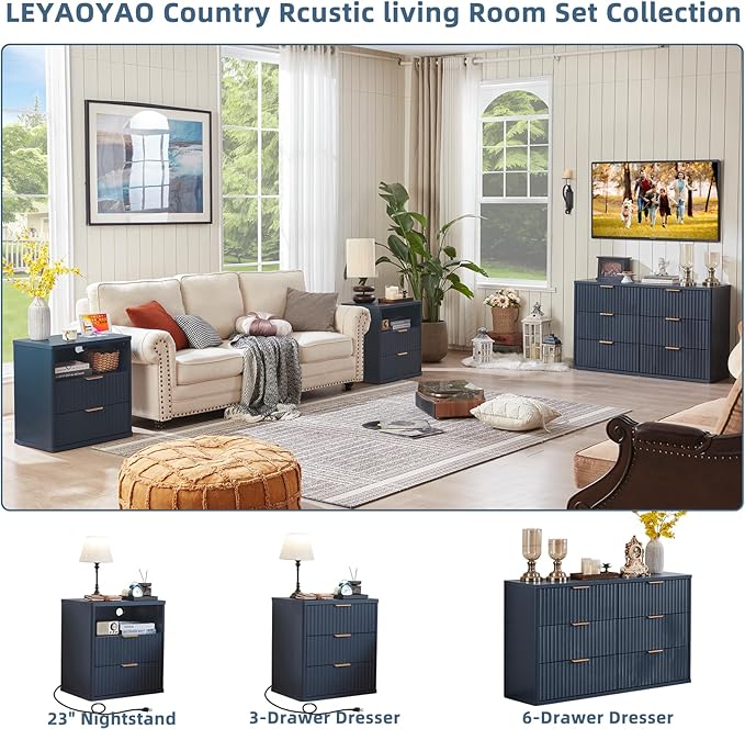 LEYAOYAO 42" Tall Fluted Dresser and 3 Drawers 23" Nightstand Set of 2, Wooden Dresser & Night Stand with Charging Station, 3 Piece Bedroom Furniture Set, Chest of Drawer for Living Room,Navy Blue