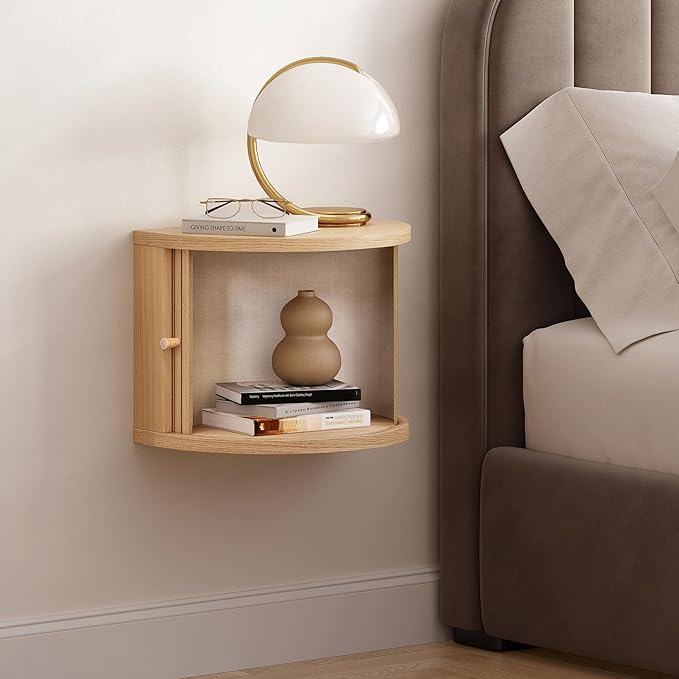 WERMO 16'' Floating Nightstand Shelf with a Sliding Door and Storage - Floating Bedside Shelf Wall Mount, Wall Mounted Wood Nightstand, Mid Century Modern Side Table (Oak)