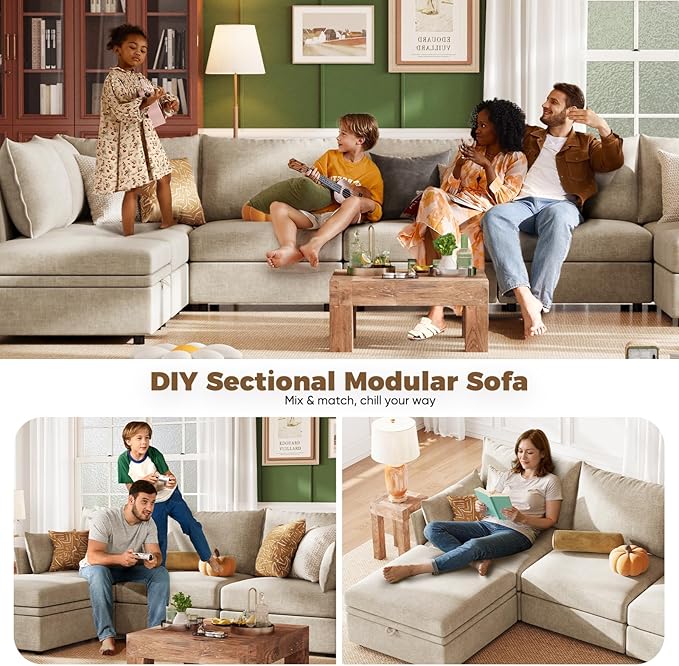 ABCASA 102.6" Modular Sectional Sofa, Oversized 3-Seater Couch with Removable Beige Chenille Fabric Cover, Deep Seat & High Backrest for Living Room, Office & Apartment